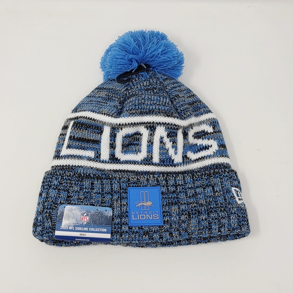 New Era Detroit Lions 2025 Sideline Cold Weather Cuffed Knit Beanie Hat Cap Pom